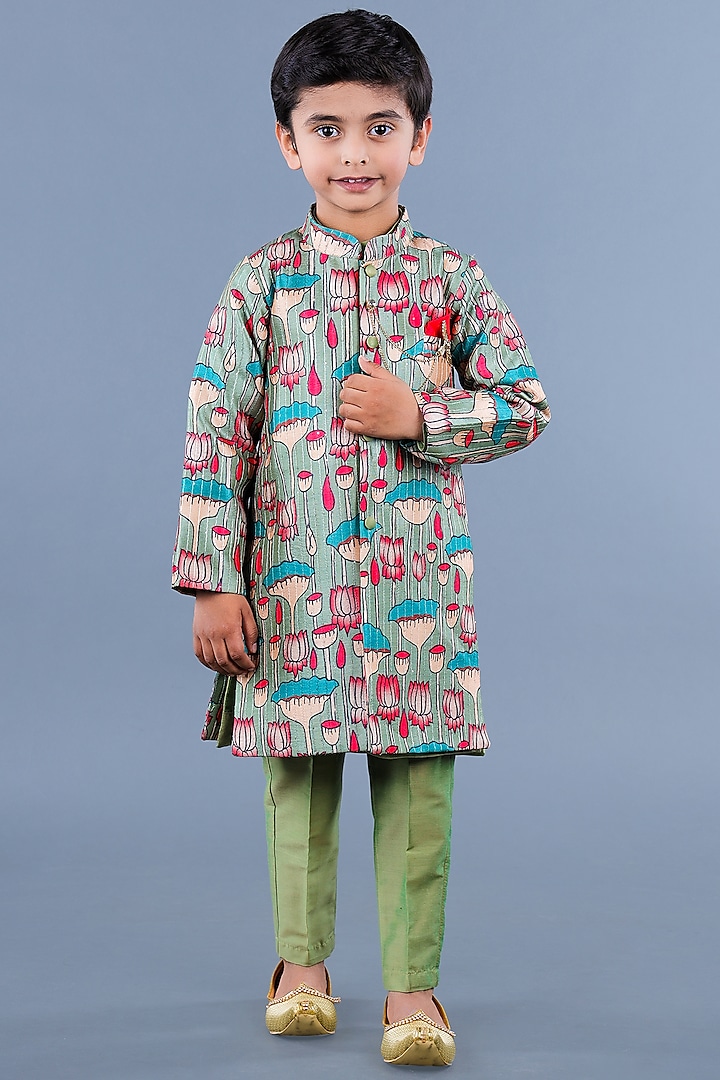 Multi-Colored Cotton & Poly Printed Achkan Jacket Set For Boys by Shining Kanika