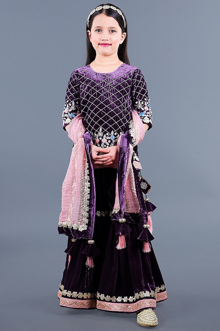 Wine Silk & Cotton Embroidered Sharara Set For Girls by Shining Kanika
