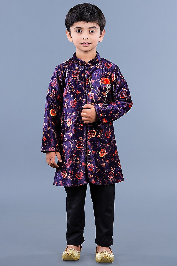 Purple Cotton & Silk Printed Achkan Jacket Set For Boys by Shining Kanika