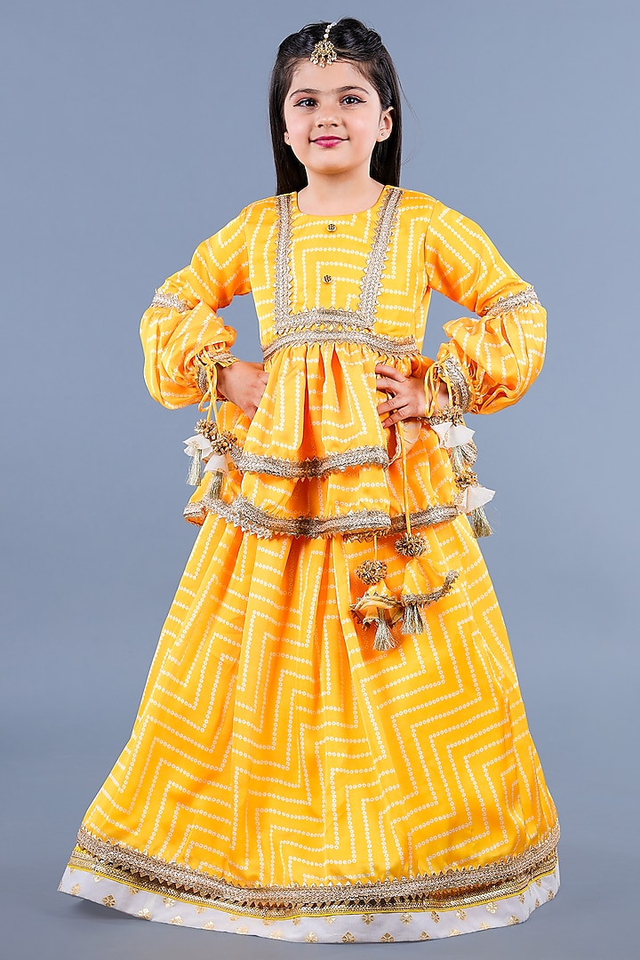 Yellow Cotton & Poly Printed Lehenga Set For Girls by Shining Kanika