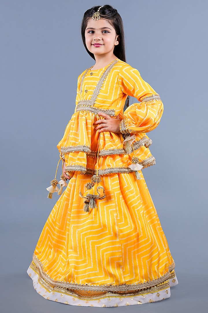 Yellow Cotton & Poly Printed Lehenga Set For Girls by Shining Kanika at Pernia's Pop Up Shop