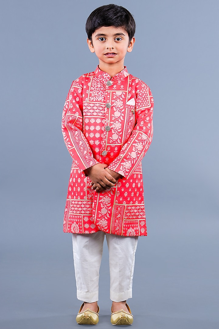 Coral Cotton & Poly Printed Achkan Jacket Set For Boys by Shining Kanika