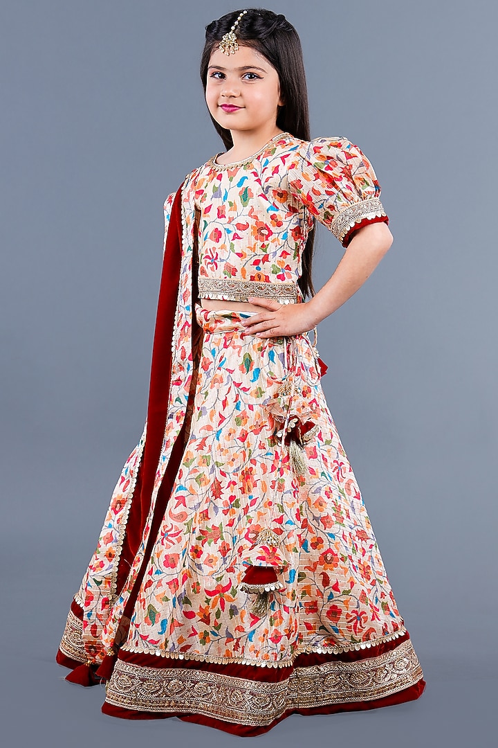 Beige Cotton & Poly Printed Lehenga Set For Girls by Shining Kanika at Pernia's Pop Up Shop