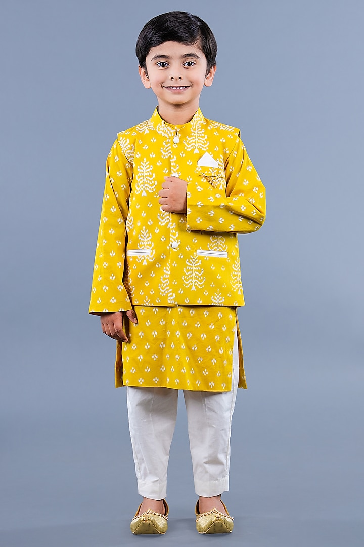 Lemon Yellow Cotton & Poly Printed Nehru Jacket With Kurta Set For Boys by Shining Kanika