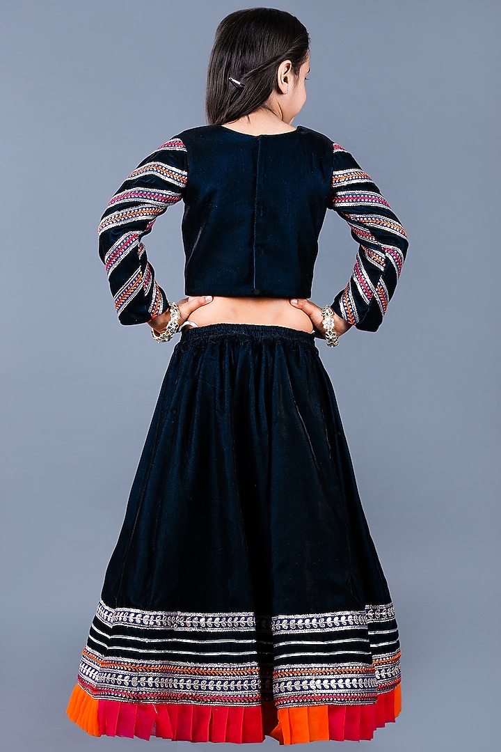 Teal Blue Cotton & Poly Embroidered Lehenga Set For Girls by Shining Kanika at Pernia's Pop Up Shop