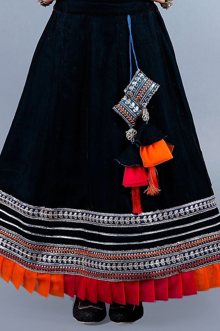 Teal Blue Cotton & Poly Embroidered Lehenga Set For Girls by Shining Kanika at Pernia's Pop Up Shop