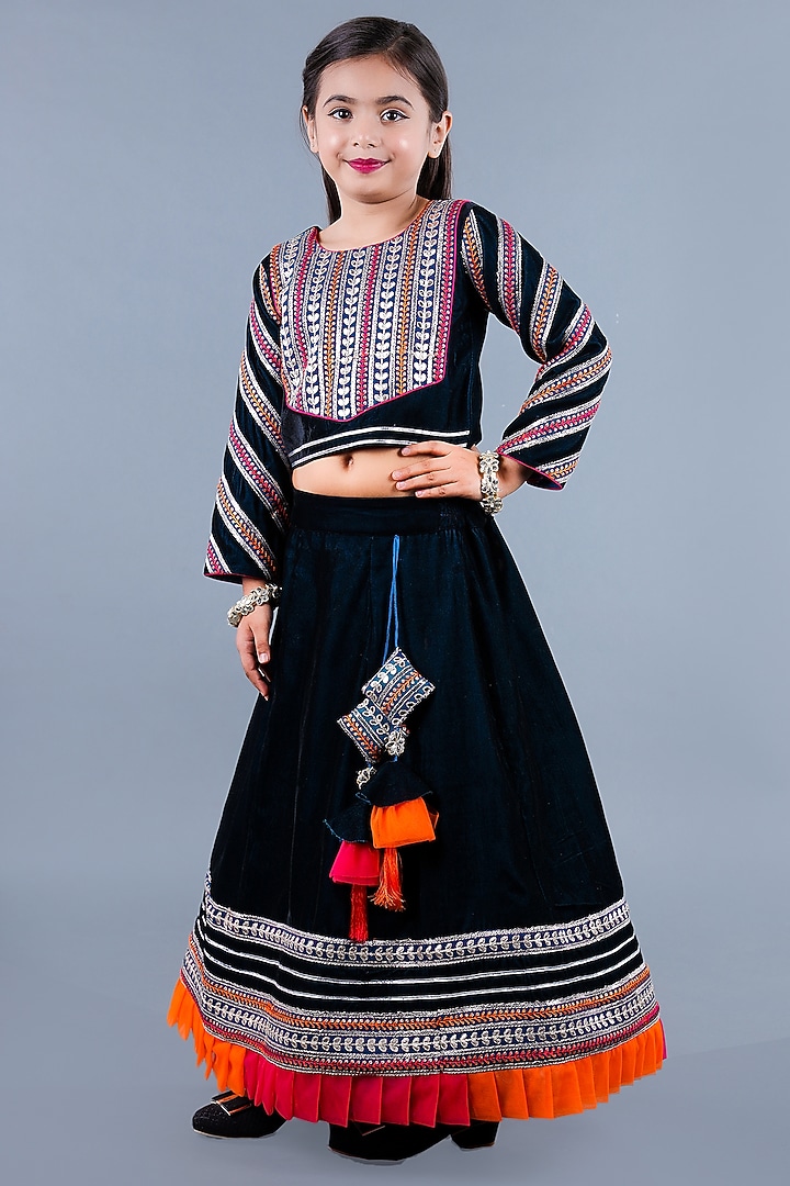 Teal Blue Cotton & Poly Embroidered Lehenga Set For Girls by Shining Kanika at Pernia's Pop Up Shop