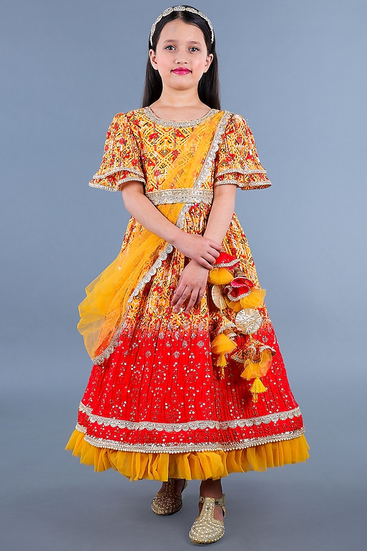 Yellow & Red Cotton & Poly Printed Anarkali Set For Girls by Shining Kanika