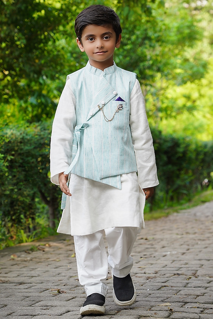 Light Blue Cotton & Poly Printed Nehru Jacket With Kurta Set For Boys by Shining Kanika