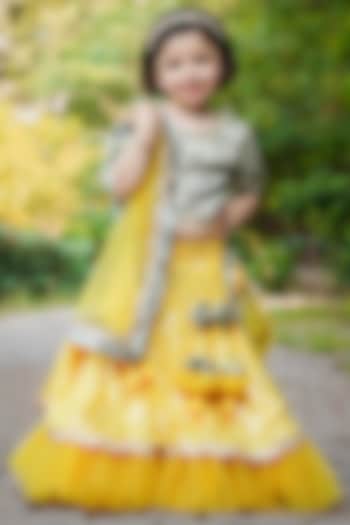 Yellow Cotton & Poly Embroidered Lehenga Set For Girls by Shining Kanika