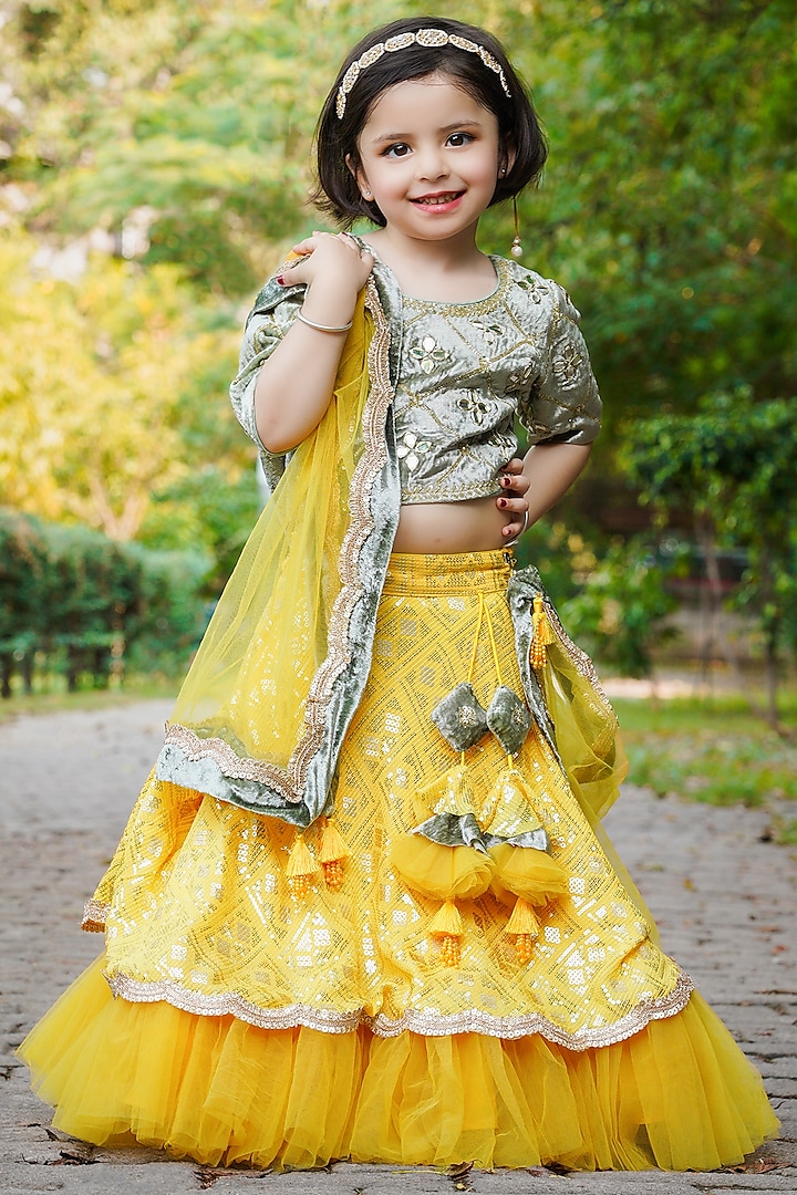 Yellow Cotton & Poly Embroidered Lehenga Set For Girls by Shining Kanika