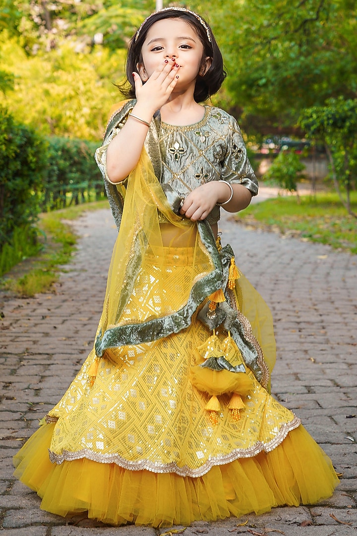 Yellow Cotton & Poly Embroidered Lehenga Set For Girls by Shining Kanika at Pernia's Pop Up Shop
