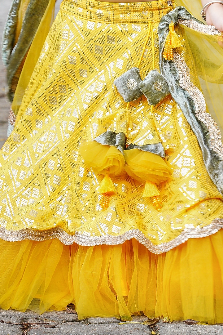 Yellow Cotton & Poly Embroidered Lehenga Set For Girls by Shining Kanika at Pernia's Pop Up Shop