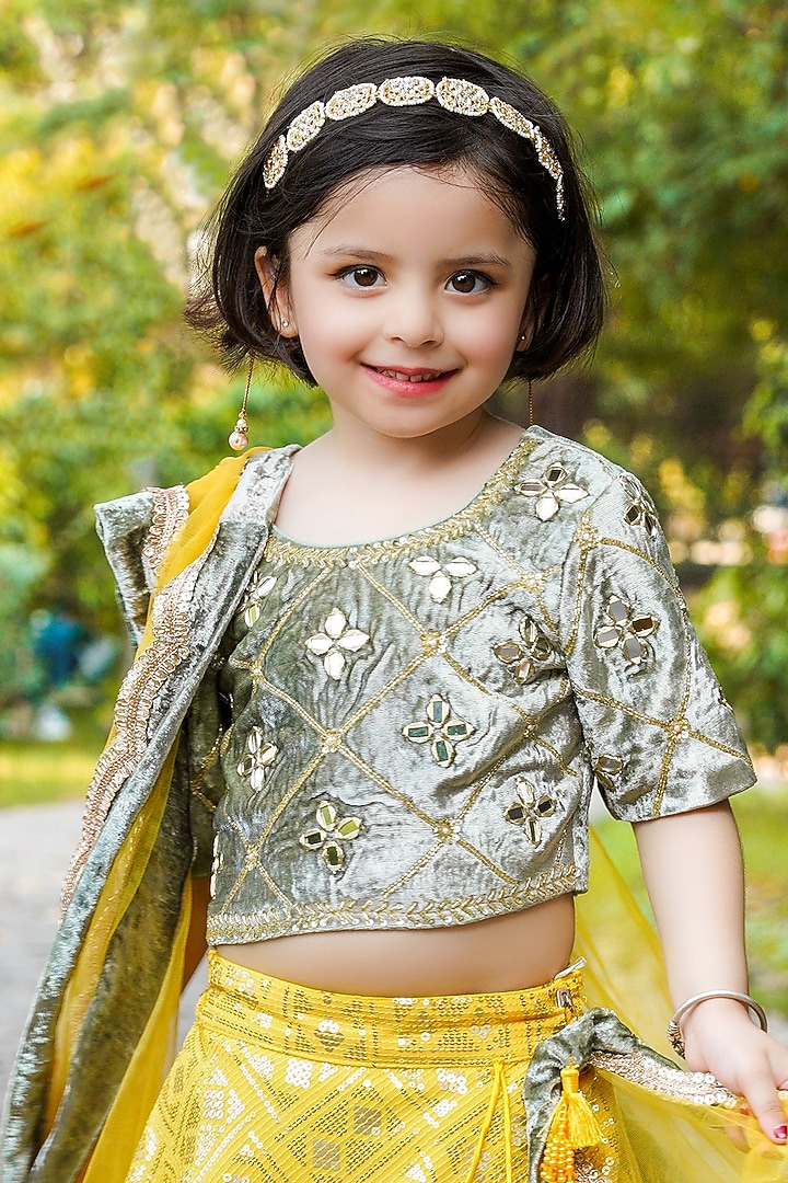 Yellow Cotton & Poly Embroidered Lehenga Set For Girls by Shining Kanika at Pernia's Pop Up Shop