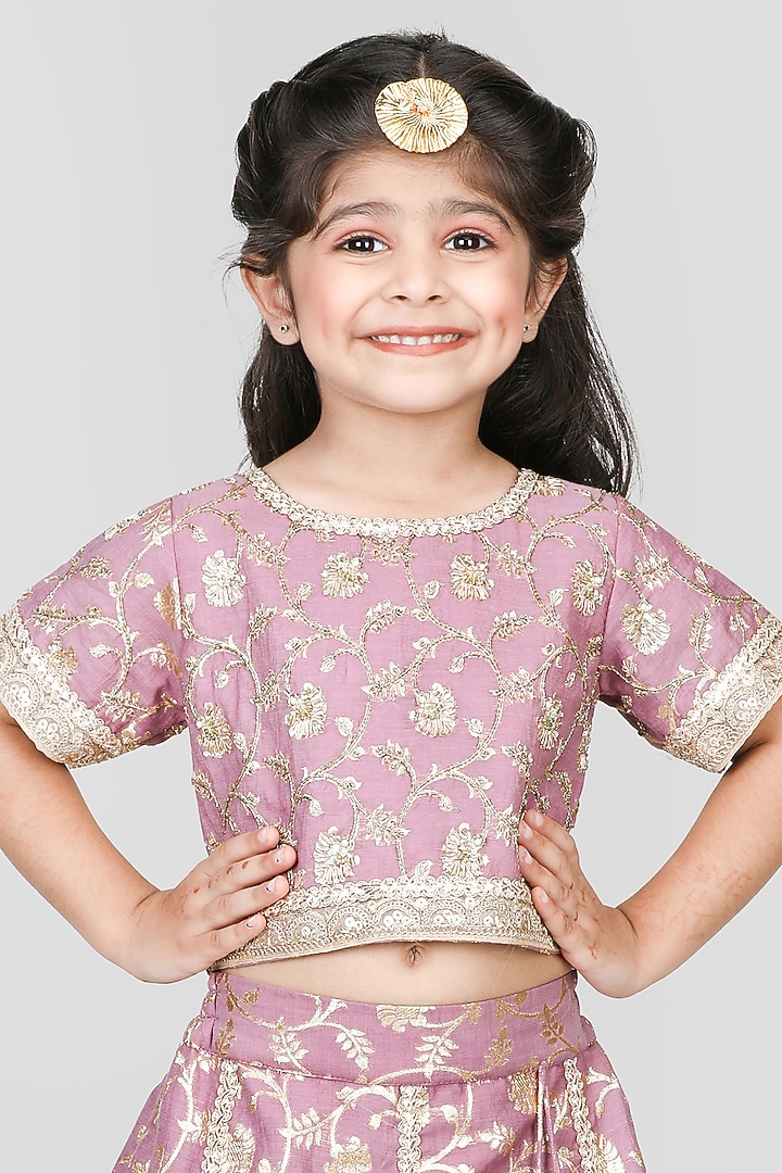 Lilac Cotton & Poly Embroidered Lehenga Set For Girls by Shining Kanika at Pernia's Pop Up Shop