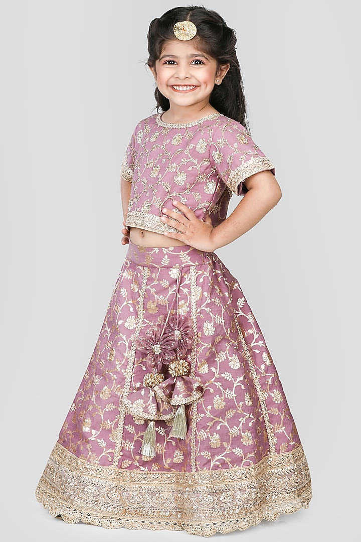 Lilac Cotton & Poly Embroidered Lehenga Set For Girls by Shining Kanika at Pernia's Pop Up Shop