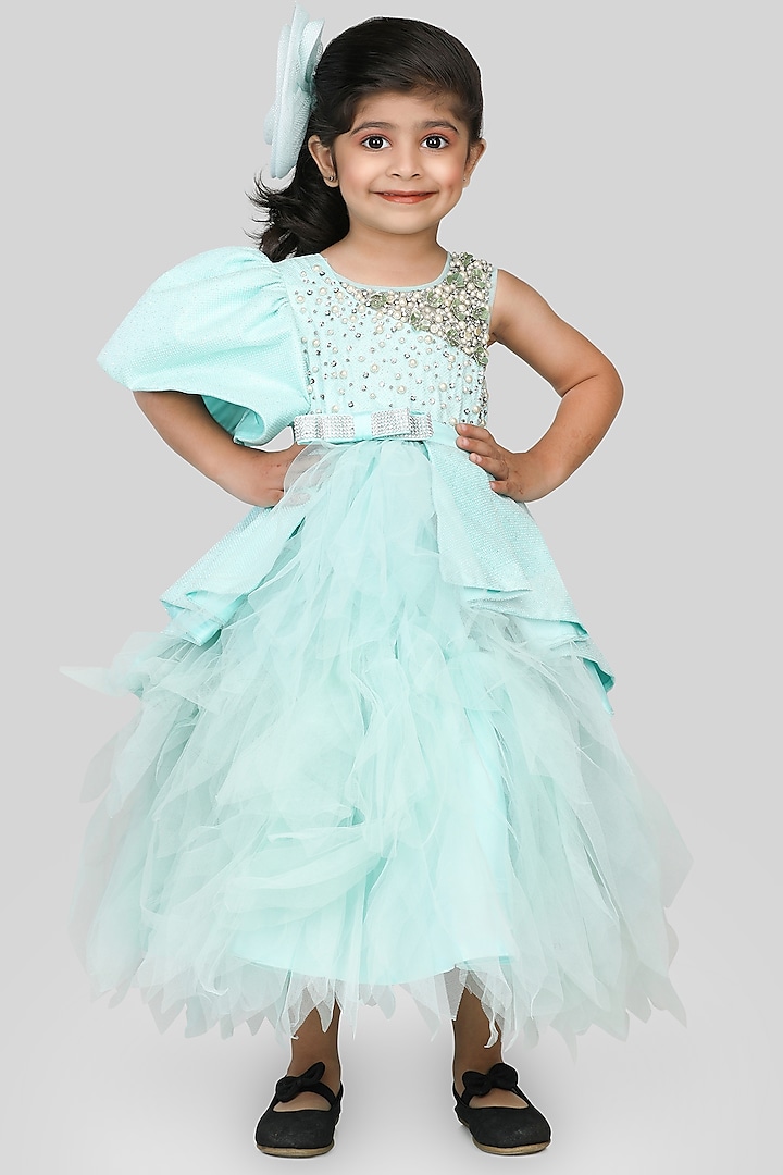 Aqua Blue Cotton & Poly Embroidered Gown For Girls by Shining Kanika