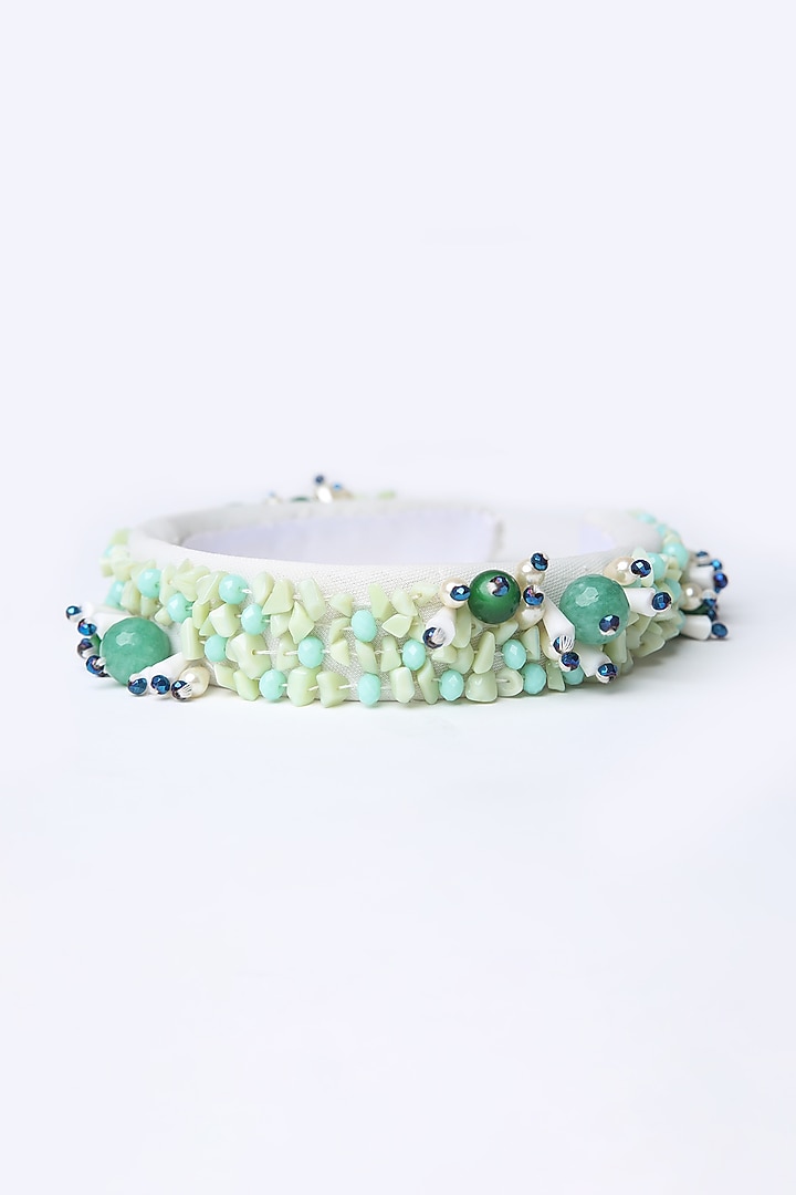 Green & White Embroidered Hairband For Girls by Shining Kanika at Pernia's Pop Up Shop