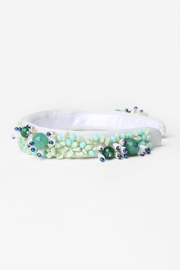 Green & White Embroidered Hairband For Girls by Shining Kanika at Pernia's Pop Up Shop
