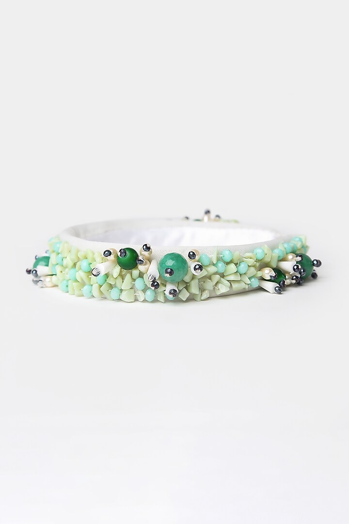 Green & White Embroidered Hairband For Girls by Shining Kanika at Pernia's Pop Up Shop