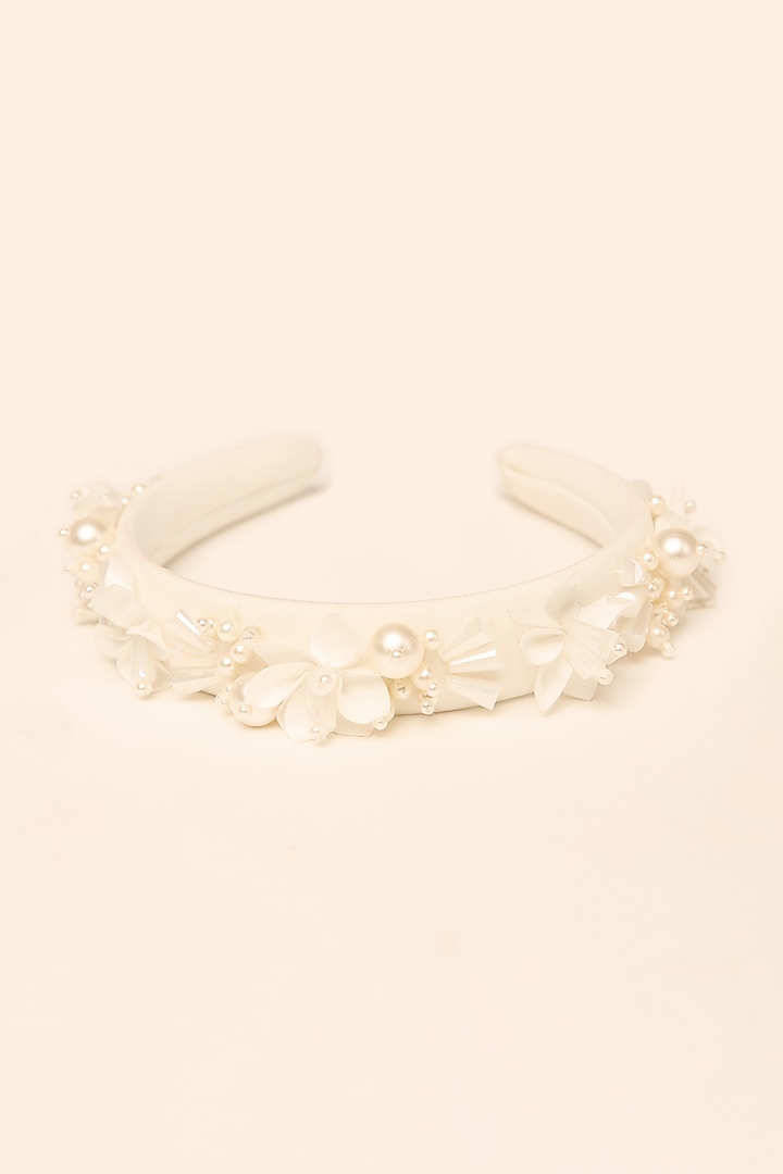 Ivory Suede Embellished Handcrafted Hairband For Girls by Shining Kanika