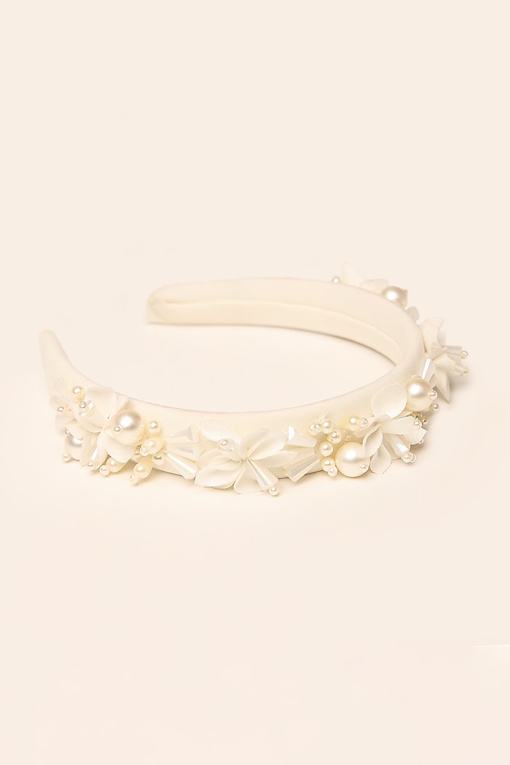 Ivory Suede Embellished Handcrafted Hairband For Girls by Shining Kanika at Pernia's Pop Up Shop