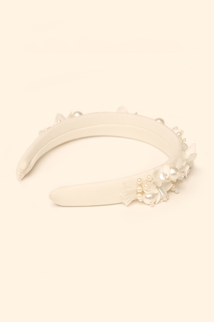 Ivory Suede Embellished Handcrafted Hairband For Girls by Shining Kanika at Pernia's Pop Up Shop