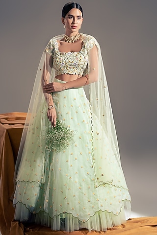 Light Green Embroidered Lehenga Set by Shloka Sudhakar