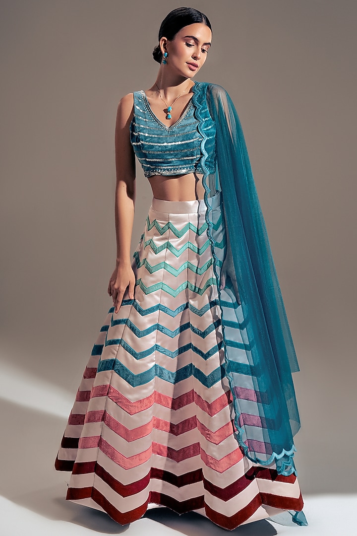 Champagne Chevron Lehenga Set by Shloka Sudhakar