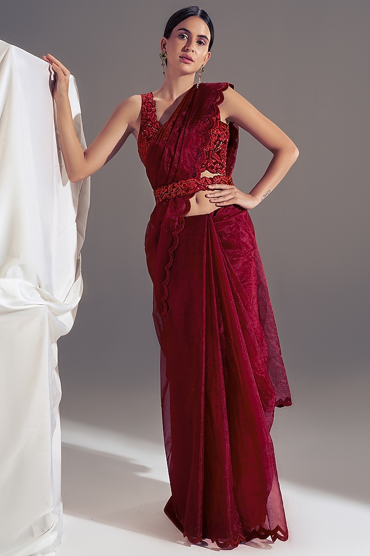 Deep Red Embroidered Saree Set by Shloka Sudhakar at Pernia's Pop Up Shop