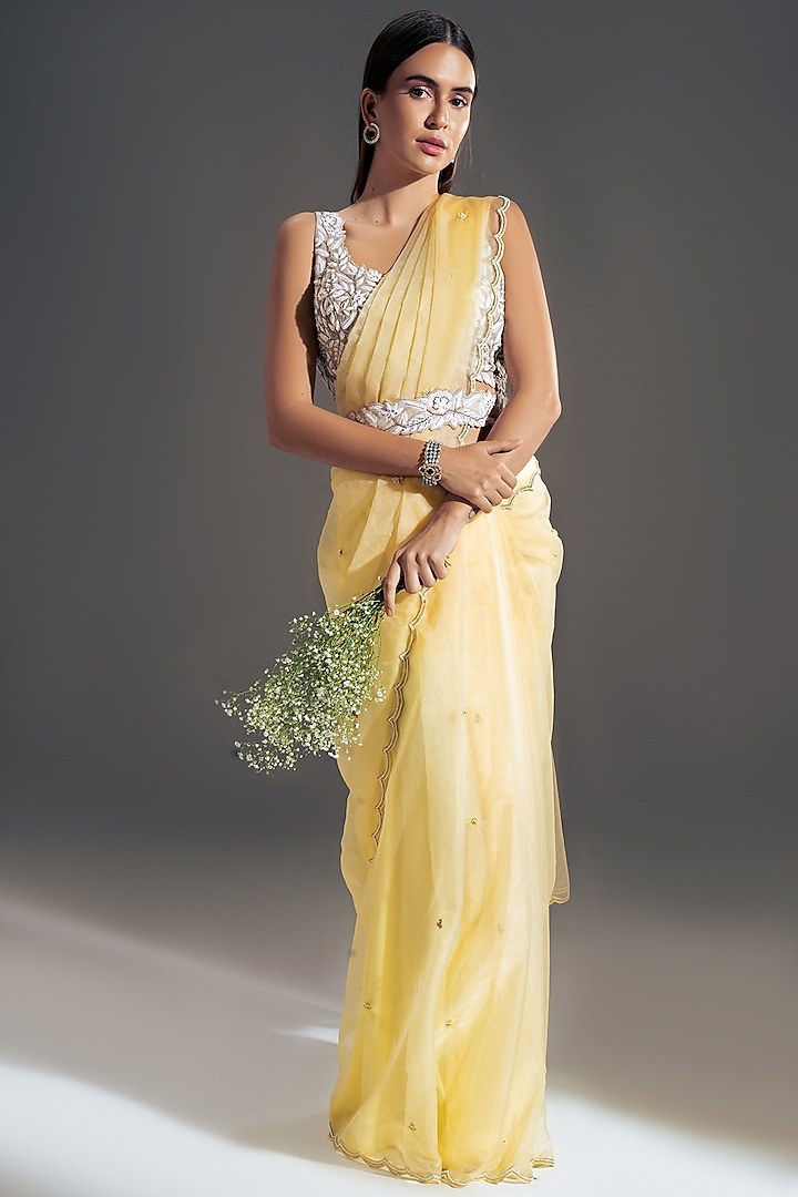 Light Yellow Embroidered Saree Set by Shloka Sudhakar