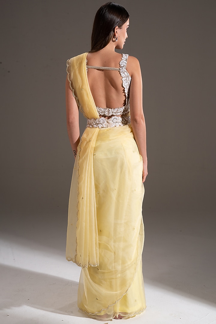 Light Yellow Embroidered Party Wear Saree Set by Shloka Sudhakar at Pernia's Pop Up Shop