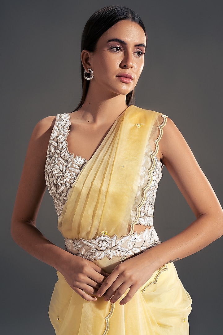 Light Yellow Embroidered Party Wear Saree Set by Shloka Sudhakar at Pernia's Pop Up Shop