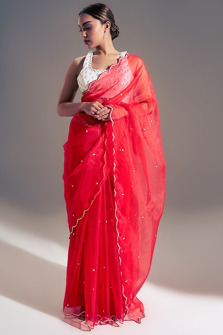 Red Organza Saree Set by Shloka Sudhakar