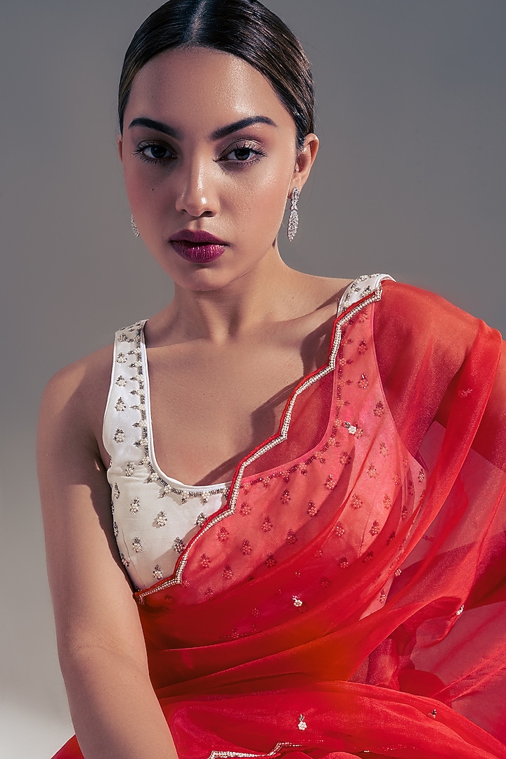 Red Organza Party Wear Saree Set by Shloka Sudhakar at Pernia's Pop Up Shop