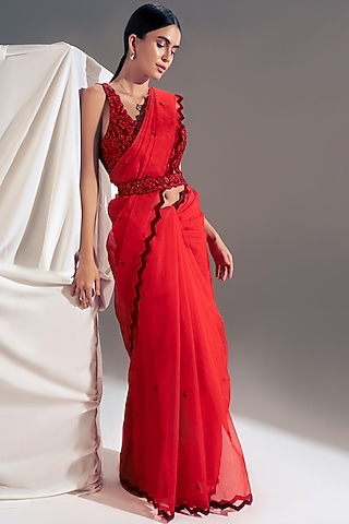 Deep Red Embroidered Saree Set by Shloka Sudhakar
