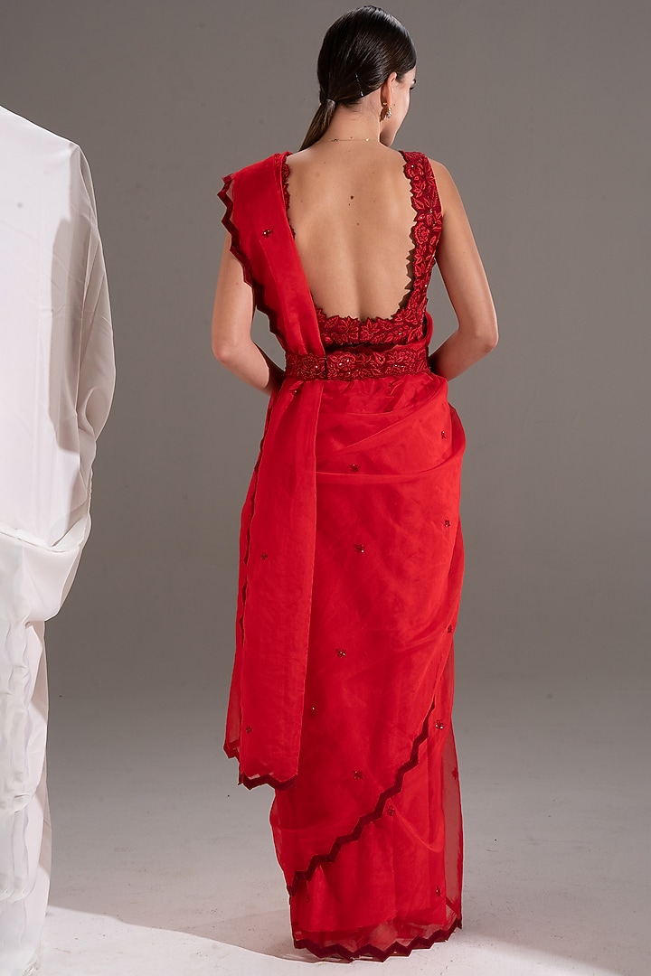 Deep Red Embroidered Party Wear Saree Set by Shloka Sudhakar at Pernia's Pop Up Shop