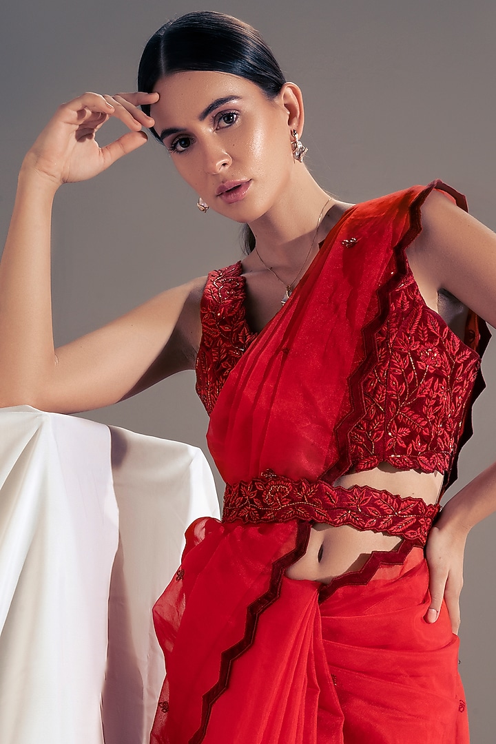 Deep Red Embroidered Party Wear Saree Set by Shloka Sudhakar at Pernia's Pop Up Shop