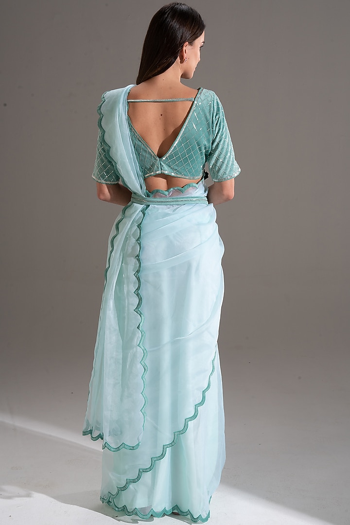 Light Blue Embroidered Party Wear Saree Set by Shloka Sudhakar at Pernia's Pop Up Shop