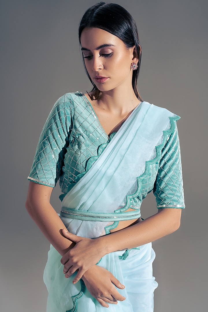 Light Blue Embroidered Party Wear Saree Set by Shloka Sudhakar at Pernia's Pop Up Shop