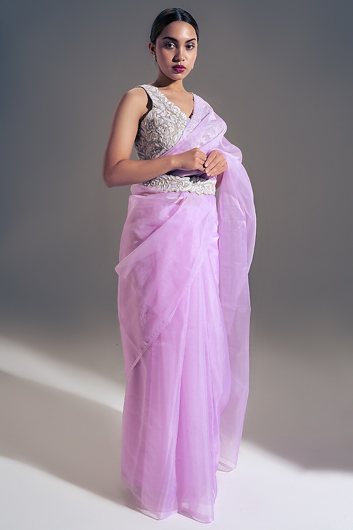 Lavender Embroidered Saree Set by Shloka Sudhakar