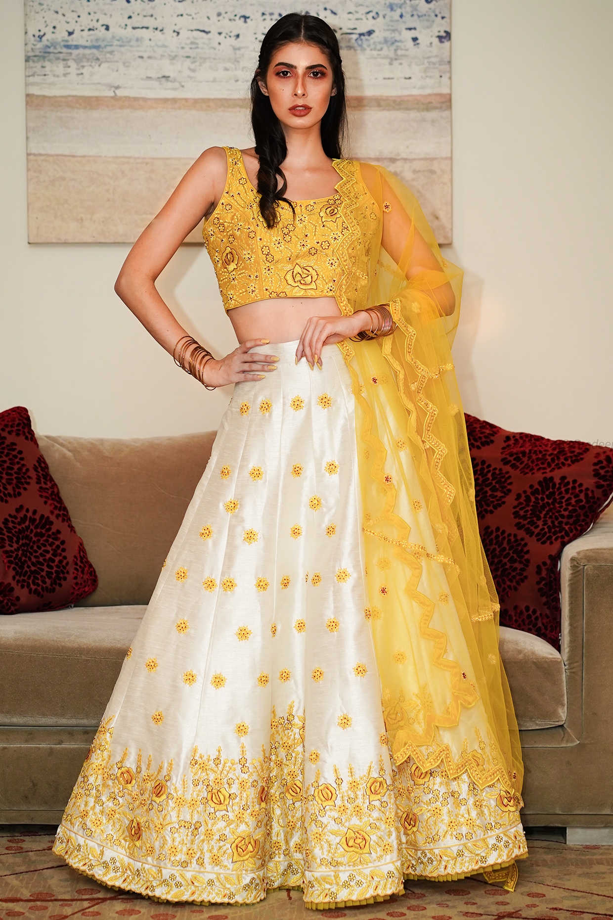 Buy Yellow N White Chinnon Embroidered Lehenga Set Party Wear Wedding Wear  Online at Best Price | Cbazaar