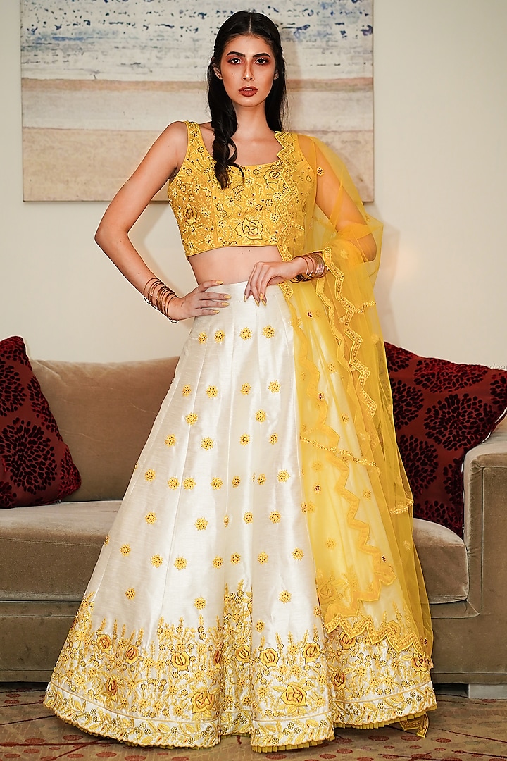 Yellow & White Embroidered Lehenga Set by Shloka Sudhakar