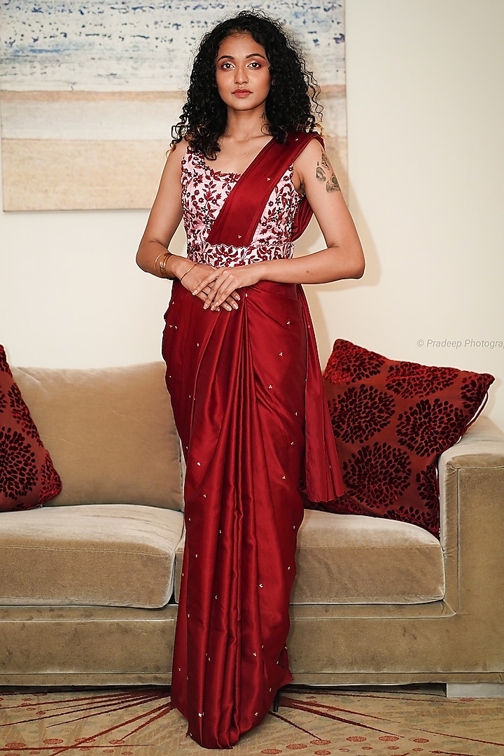 Red Saree Set With Embroidered Blouse by Shloka Sudhakar