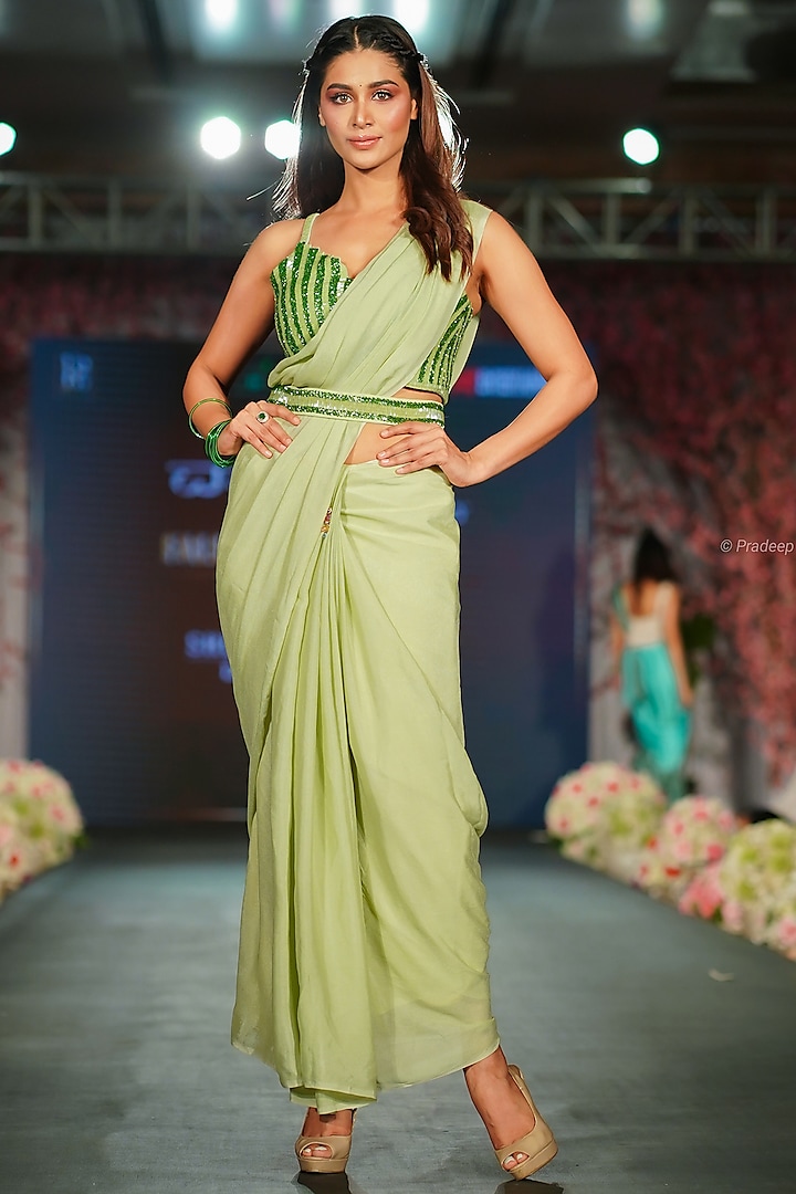 Green Saree Set With Embroidered Blouse by Shloka Sudhakar