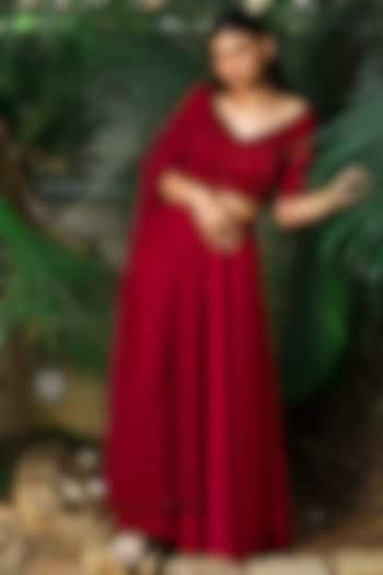 Deep Red Skirt Set With Embroidered Blouse by Shloka Sudhakar