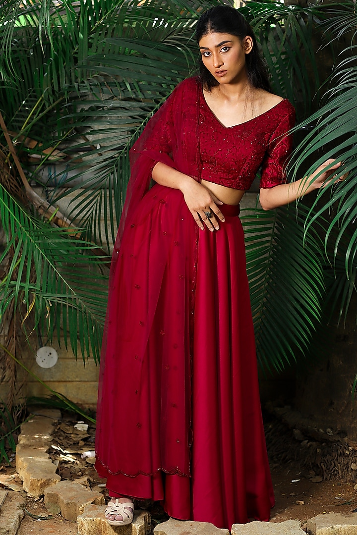 Deep Red Skirt Set With Embroidered Blouse by Shloka Sudhakar