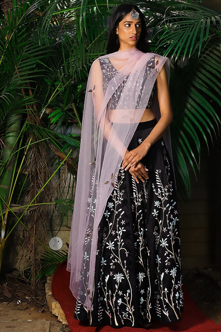 Black Embroidered Wedding Lehenga Set by Shloka Sudhakar at Pernia's Pop Up Shop