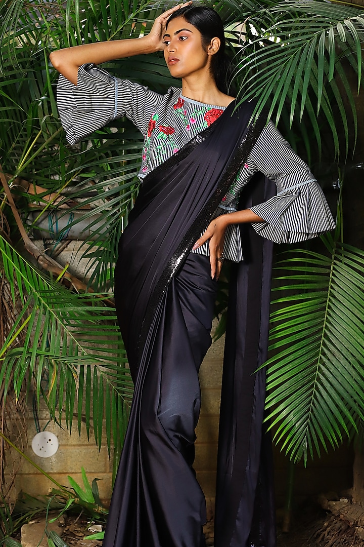 Black Saree Set With Embroidered Blouse by Shloka Sudhakar