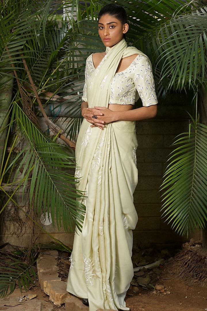 Olive Green Thread Embroidered Saree Set by Shloka Sudhakar